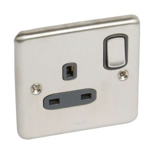 Legrand 13A Single Switched Socket 3x3 Brushed Stainless Steel Finish 833066