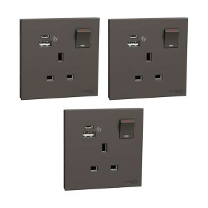 Schneider Electric AvatarOn 1-Gang Switched Socket with USB A+C, 13A, Gives Premium Look, Suitable for Home & Office, Dark Grey - Pack of 3