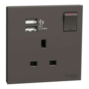 Schneider Electric AvatarOn C 1-Gang Socket with USB, 13A, Gives Premium Look, Suitable for Hotels & Office â€“ Dark Grey