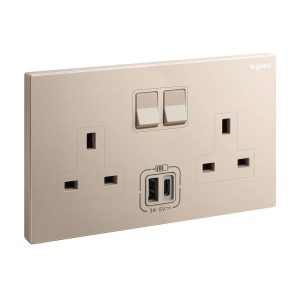 Legrand Galion 13A Double Switched Socket with USB-A & USB-C, Twin Power & Fast Charge, Suitable for Hotels & Office - Rose Gold