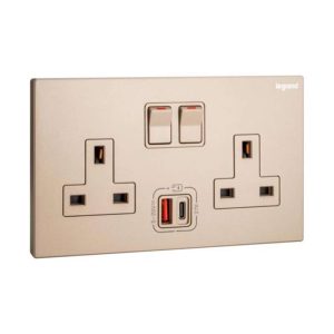Legrand Galion 2-Gang BS 13A Single Pole Switched Socket with USB A & USB C 27W Power & Fast Charge, Suitable for Office - Rose Gold