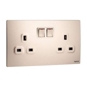 Legrand Mallia Senses 13A 2 Gang Single Pole Switched Socket, Dual Outlets, Premium Finish, Suitable for Modern Interior Ã¢â‚¬â€œ Champagne