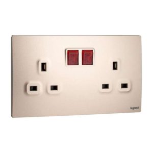 Legrand Mallia Senses 13A 2 Gang Single Pole Switched Socket with LED, Dual Outlets with Status Cue, Premium Finish, Suitable for Modern Interior Ã¢â‚¬â€œ Champagne