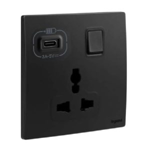 Legrand Mallia Senses 1 Gang Multistandard Switched Socket with USB-C, Universal & Charging, Suitable for Office Ã¢â‚¬â€œ Matt Black