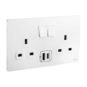 Legrand Mallia Senses 2-Gang 13A Single Pole Switched Socket with USB-A & USB-C, Power & Fast Charge, Suitable for Office Ã¢â‚¬â€œ White