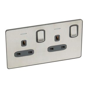Legrand Synergy Sleek 13A Double Pole Double Switched Socket with LED Brushed Stainless 2-Gang 832071