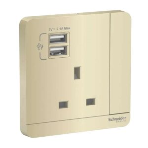 Schneider Electric AvatarOn 13A Switched Socket with Dual USB (2Ã—2.1A), Wine Gold, Flush-Mount