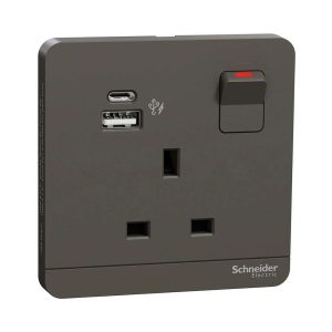 Schneider Electric AvatarOn 13A Single Switched Socket with A+C USB Charger, Dark Grey