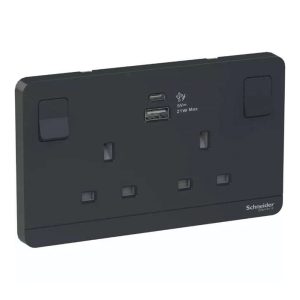 Schneider Electric AvatarOn 13A Twin Switched Socket with A+C USB Charger, Dark Grey