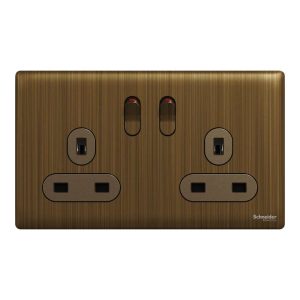 Schneider Electric UnicaX 13A 250V Twin-Gang Switched Socket, Antique Brass