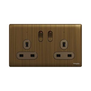Schneider Electric UnicaX 13A 250V Twin-Gang Switched Socket with LED, Antique Brass