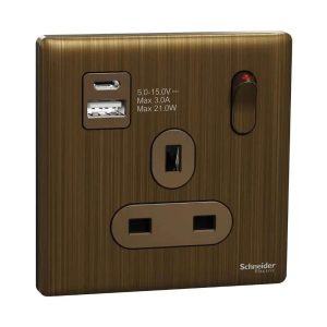 Schneider Electric UnicaX 13A Single Switched Socket with A+C USB Charger, Antique Brass