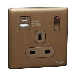 Schneider Electric UnicaX 13A Single Switched Socket with A+C USB Charger, Dark Bronze