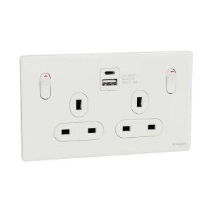 Schneider Electric UnicaX 13A Twin Switched Socket with A+C USB Charger, Painted White