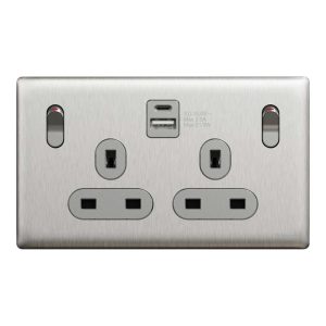 Schneider Electric UnicaX 13A Twin Switched Socket with A+C USB Charger, Stainless Steel