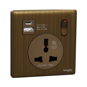 Schneider Electric UnicaX 16A 1-Gang International Socket with USB, Antique Brass, Shuttered & Integrated Charging