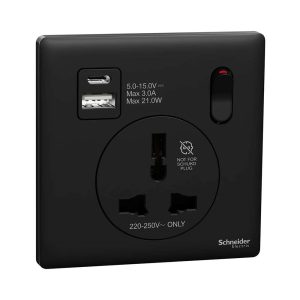Schneider Electric UnicaX 16A 1-Gang International Socket with USB, Jet Black, Shuttered & Integrated Charging