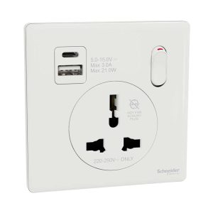 Schneider Electric UnicaX 16A 1-Gang International Socket with USB, Painted White, Shuttered & Integrated Charging